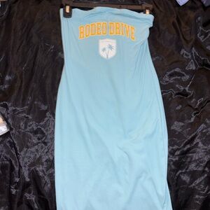 Blue Strapless Dress with Yellow Print